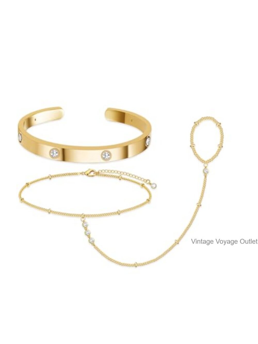14K Gold Plated Stackable Hand Chain Bracelet Cubic Zirconia Set
